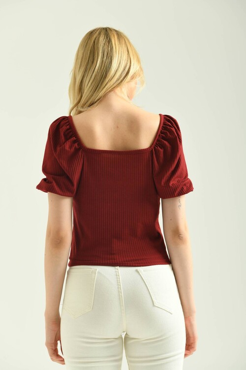 Claret Red Front Back Square Neck Balloon Sleeve Camisole Blouse