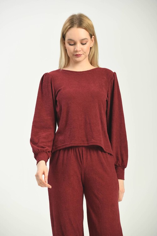 Burgundy Knitted Terry Fabric Blouse