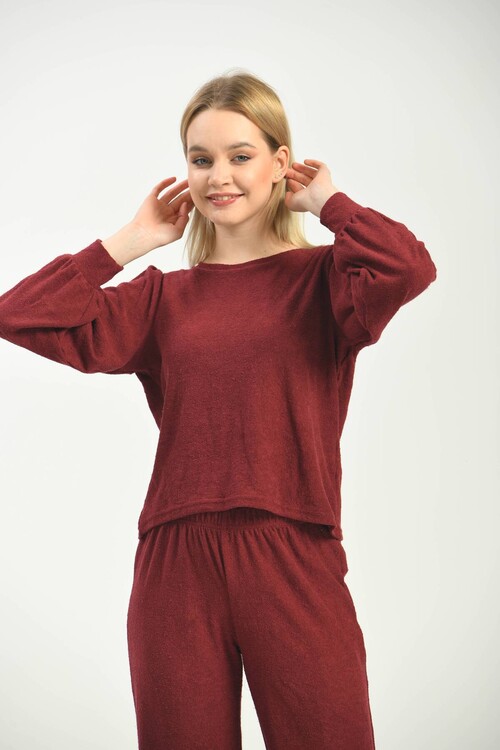Burgundy Knitted Terry Fabric Blouse