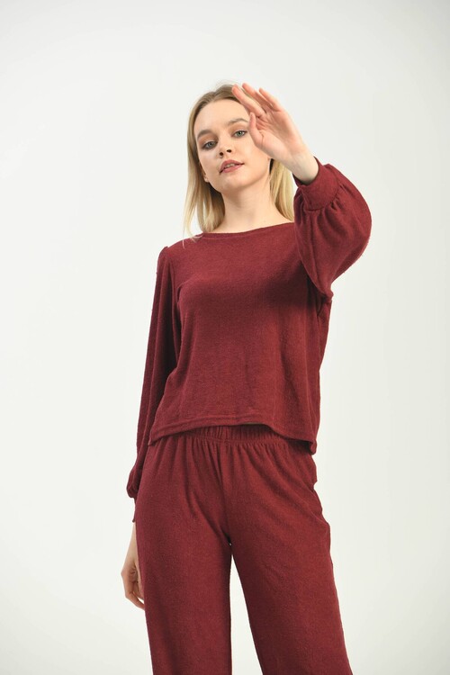 Burgundy Knitted Terry Fabric Blouse