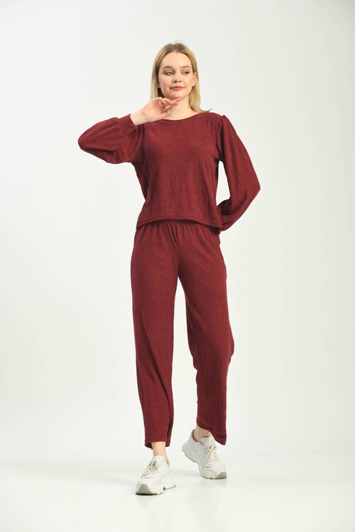 Claret Red Knitted Terry Fabric Pajamas Set