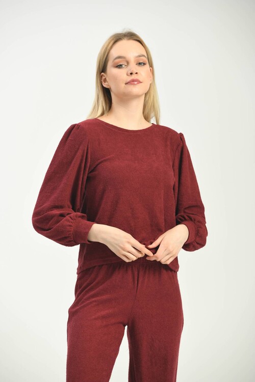 Claret Red Knitted Terry Fabric Pajamas Set