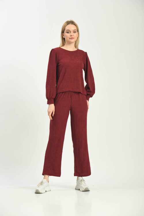 Claret Red Knitted Terry Fabric Pajamas Set