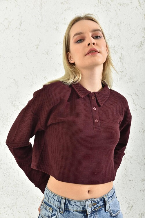Bordo Polo Yaka Crop Bluz