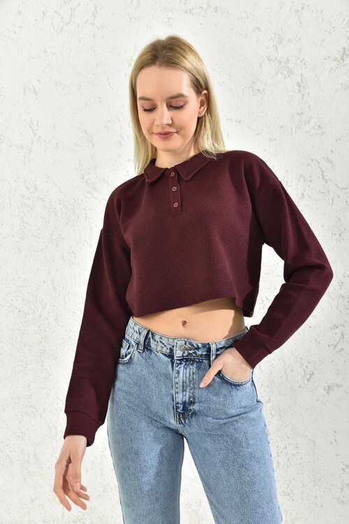 Bordo Polo Yaka Crop Bluz