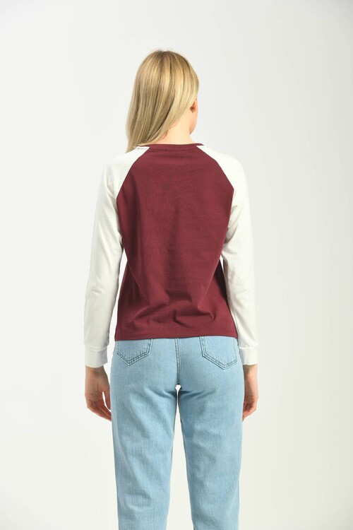 Bordo Renk Bloklu Basic Baskılı Uzun Kol Örme T-Shirt