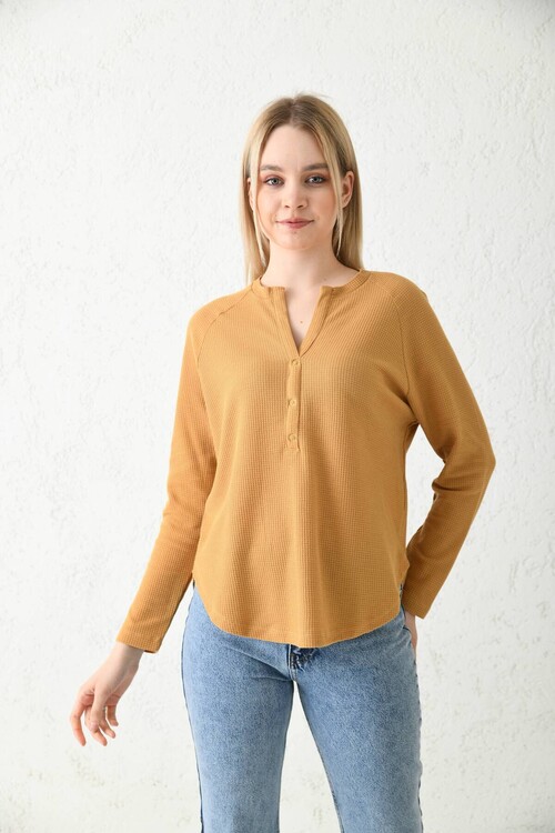 Camel Button Detailed Knitted Blouse