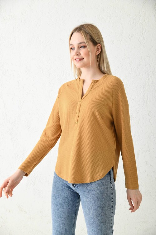 Camel Button Detailed Knitted Blouse