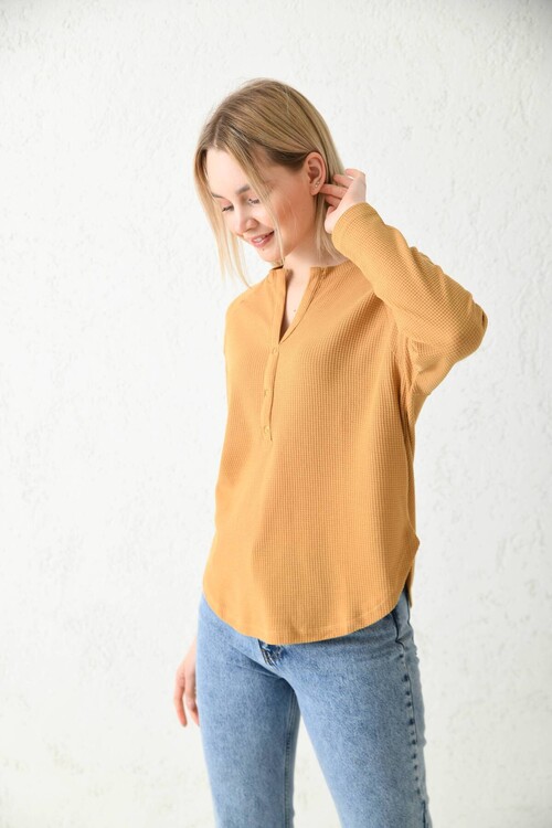 Camel Button Detailed Knitted Blouse