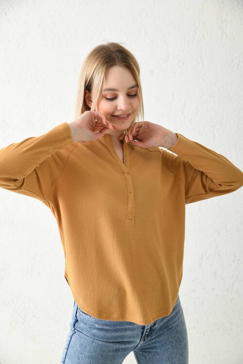 Camel Button Detailed Knitted Blouse