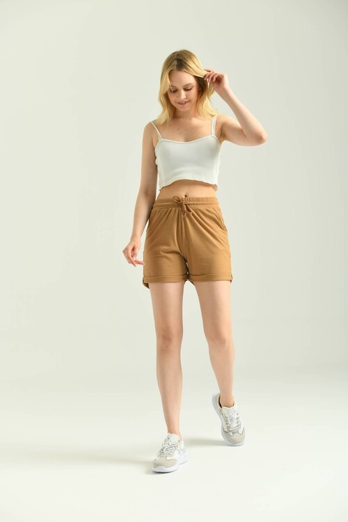 Camel Ribbed Pocket Detailed Knitted Shorts