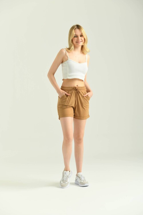 Camel Ribbed Pocket Detailed Knitted Shorts