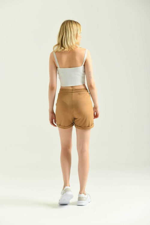 Camel Ribbed Pocket Detailed Knitted Shorts