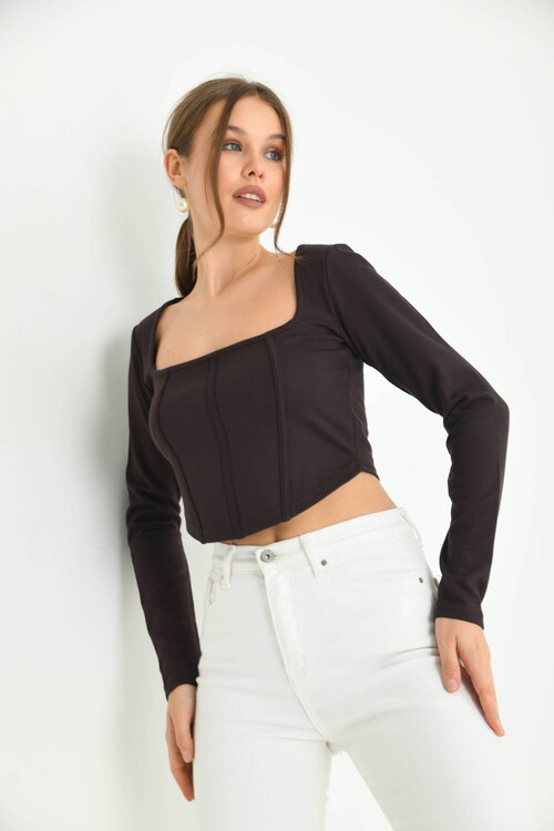 Chocolate Brown Front Stripe Detailed Square Neck Crop Blouse