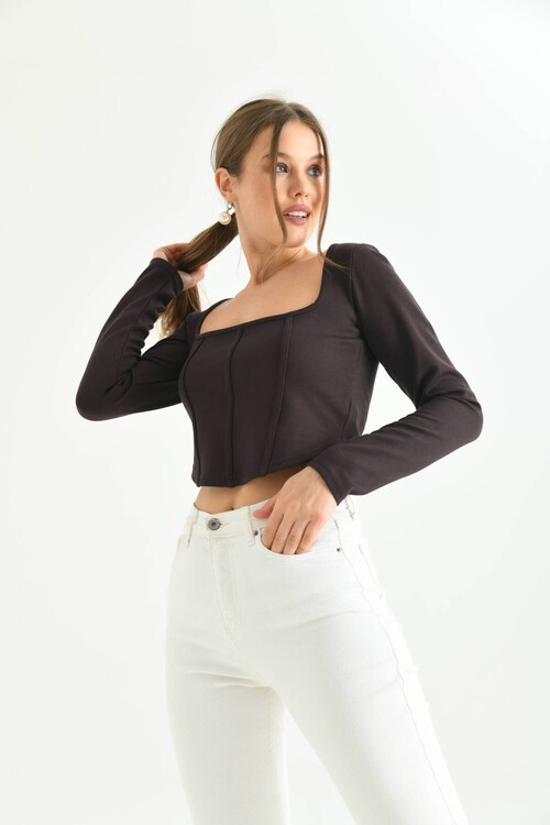 Chocolate Brown Front Stripe Detailed Square Neck Crop Blouse