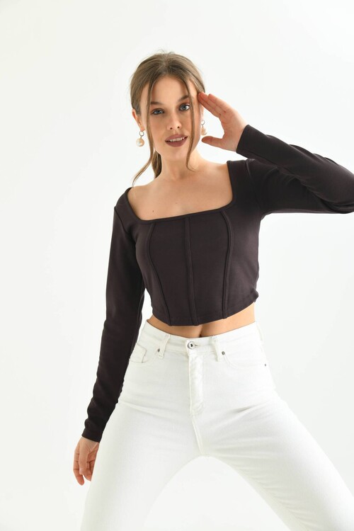 Chocolate Brown Front Stripe Detailed Square Neck Crop Blouse