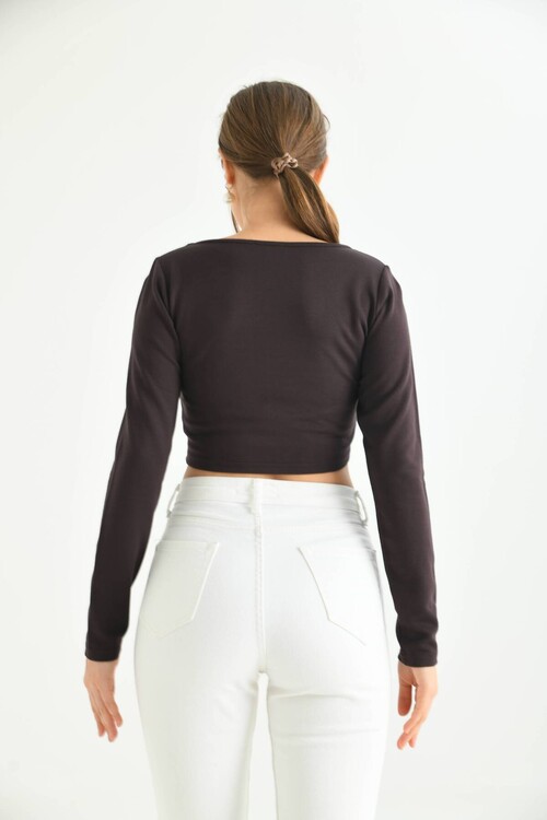 Chocolate Brown Front Stripe Detailed Square Neck Crop Blouse