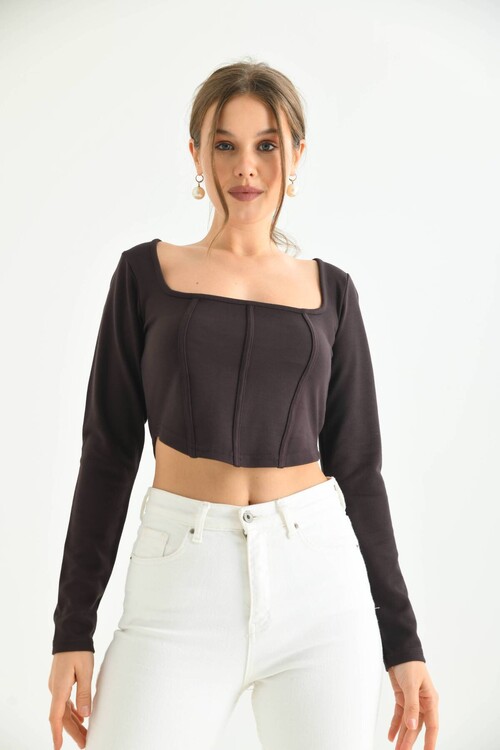Chocolate Brown Front Stripe Detailed Square Neck Crop Blouse