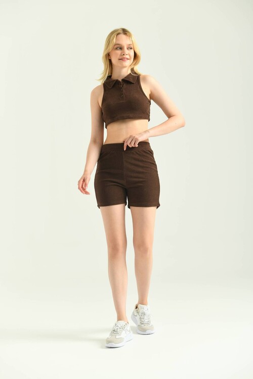Chocolate Polo Neck Sleeveless Terry Fabric Crop Blouse