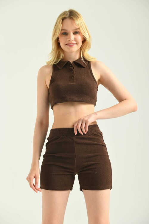 Chocolate Polo Neck Sleeveless Terry Fabric Crop Blouse