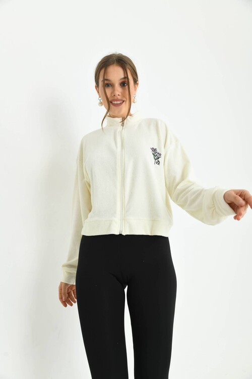 Ecru Flower Embroidered Sweatshirt