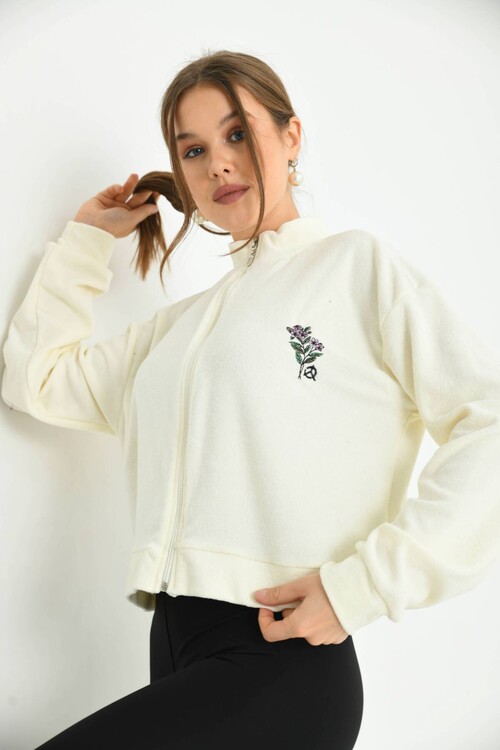Ecru Flower Embroidered Sweatshirt