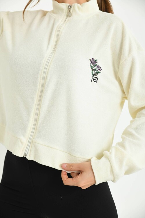 Ecru Flower Embroidered Sweatshirt