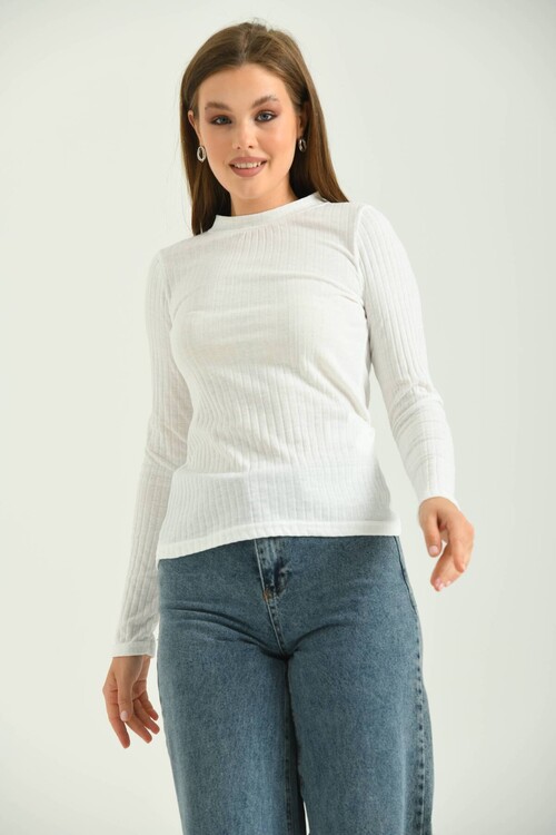 Ecru Stand Up Collar Corduroy Knitted Blouse