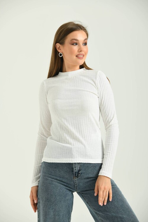Ecru Stand Up Collar Corduroy Knitted Blouse