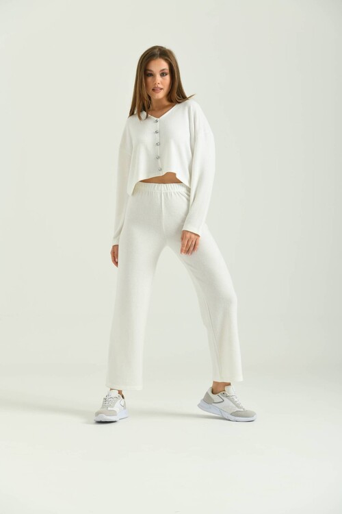 Ecru Button Accessory Soft Fabric Knitted Bottom-Top Set