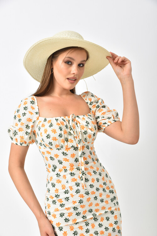 Ecru Square Neck Slit Detail Floral Pattern Dress
