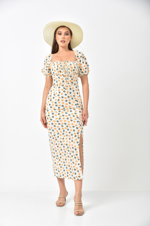 Ecru Square Neck Slit Detail Floral Pattern Dress