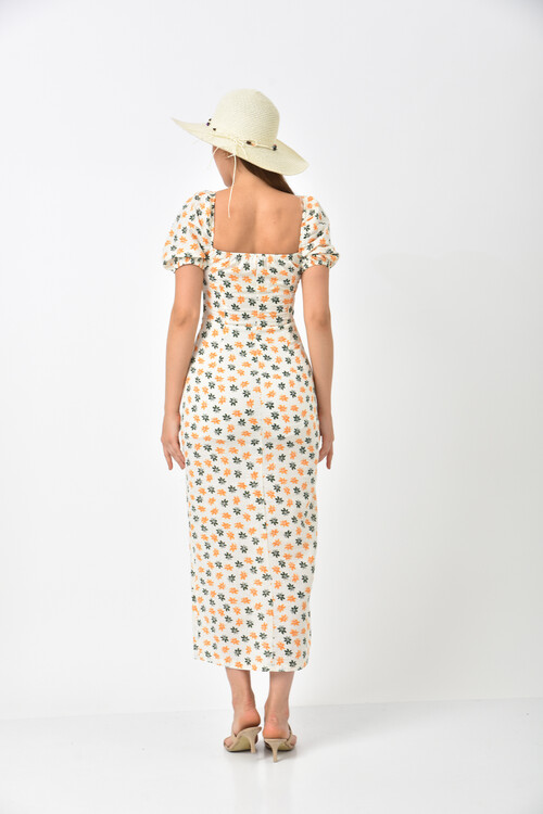 Ecru Square Neck Slit Detail Floral Pattern Dress