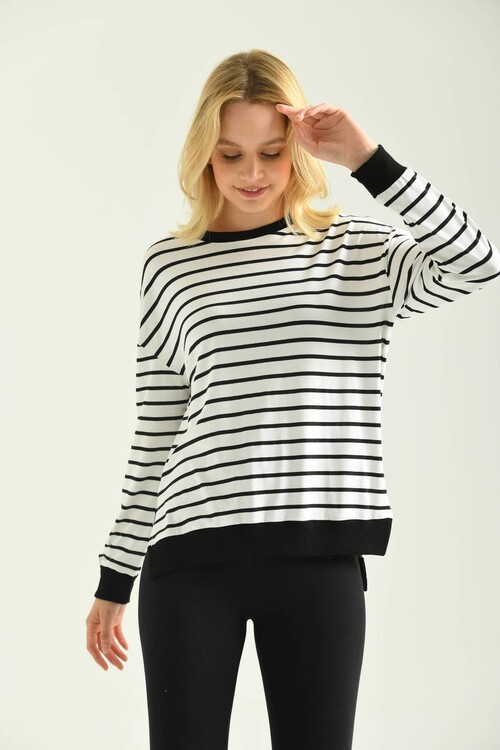 Ecru Striped Knitted Blouse with Side Slits