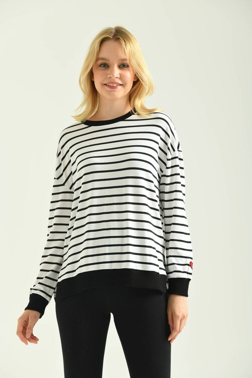 Ecru Striped Knitted Blouse with Side Slits