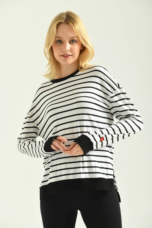 Ecru Striped Knitted Blouse with Side Slits