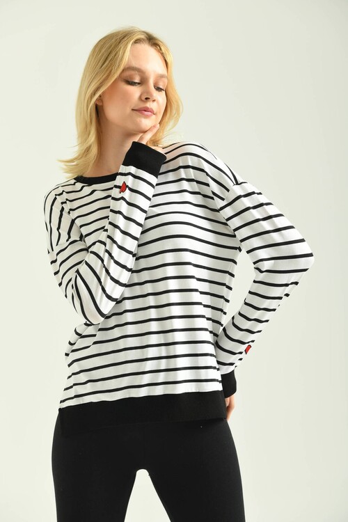 Ecru Striped Knitted Blouse with Side Slits