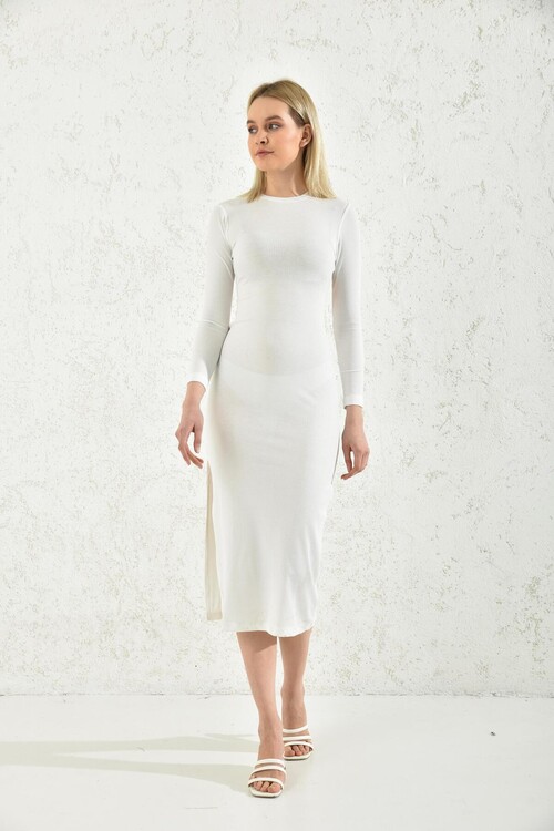 Ecru Back Detailed Camisole Dress with Side Slit