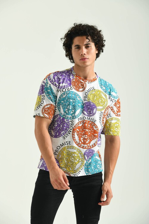 Ecru Round Neck Pattern Printed T-Shirt