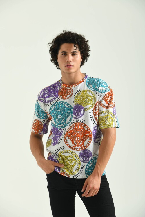 Ecru Round Neck Pattern Printed T-Shirt