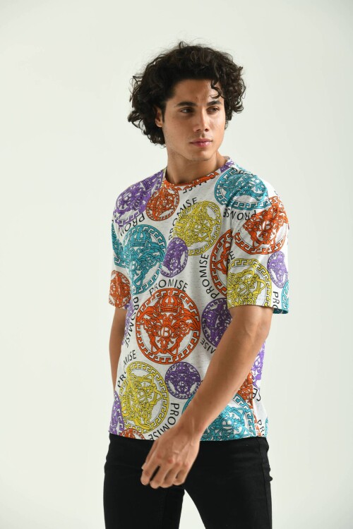 Ecru Round Neck Pattern Printed T-Shirt