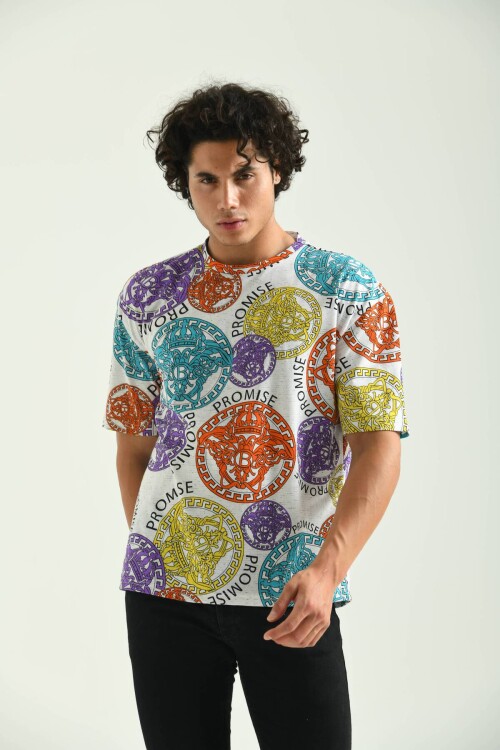 Ecru Round Neck Pattern Printed T-Shirt