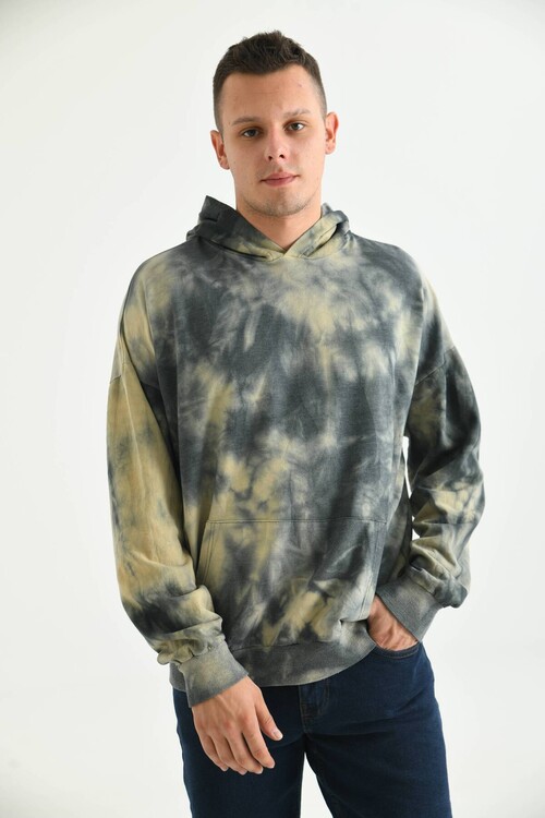 Men Anthracite Tie-Dye Pattern Hooded Acid Washed Pocket Detail Sweatshirt