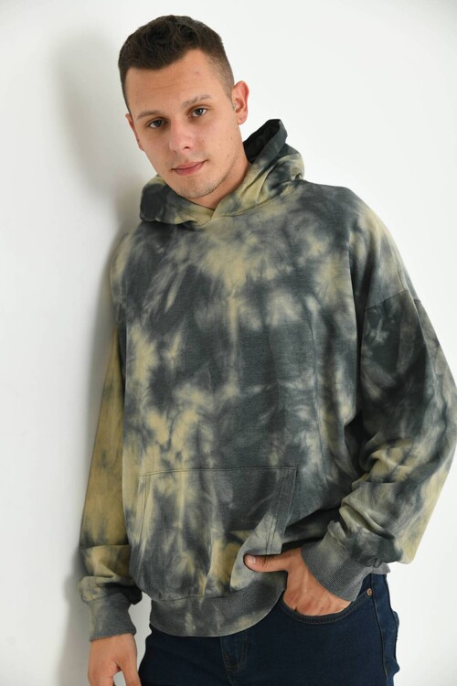 Men Anthracite Tie-Dye Pattern Hooded Acid Washed Pocket Detail Sweatshirt