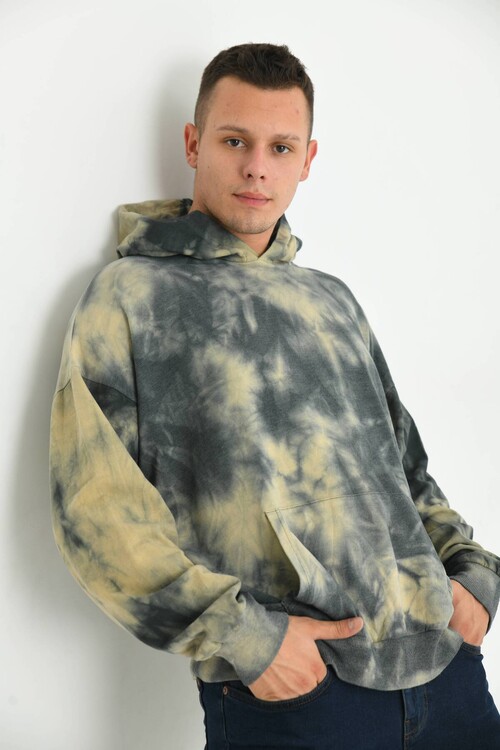 Men Anthracite Tie-Dye Pattern Hooded Acid Washed Pocket Detail Sweatshirt