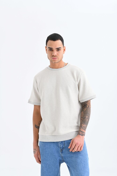 Erkek Ekru Bisiklet Yaka Waffle Kumaş T-Shirt