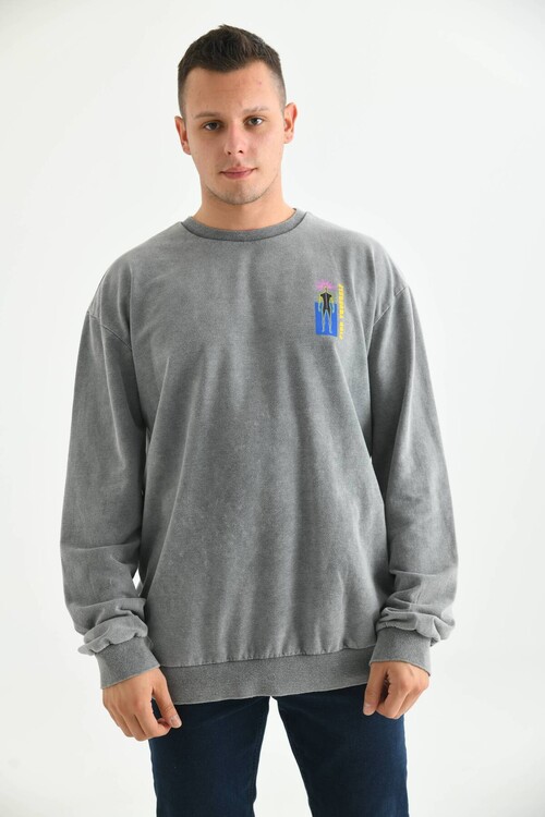 Men Gray Acid Wash Back Print Detailed Sweatshirt