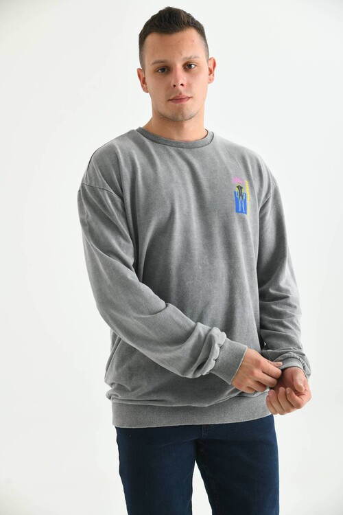 Men Gray Acid Wash Back Print Detailed Sweatshirt