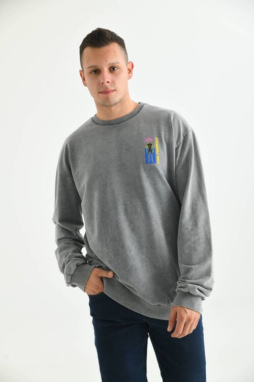 Men Gray Acid Wash Back Print Detailed Sweatshirt