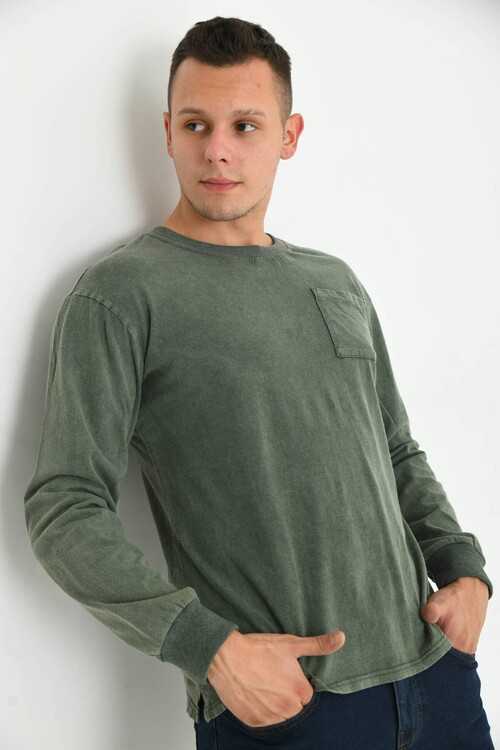 Men Khaki Acid Wash Pocket Detail Long Sleeve T-Shirt
